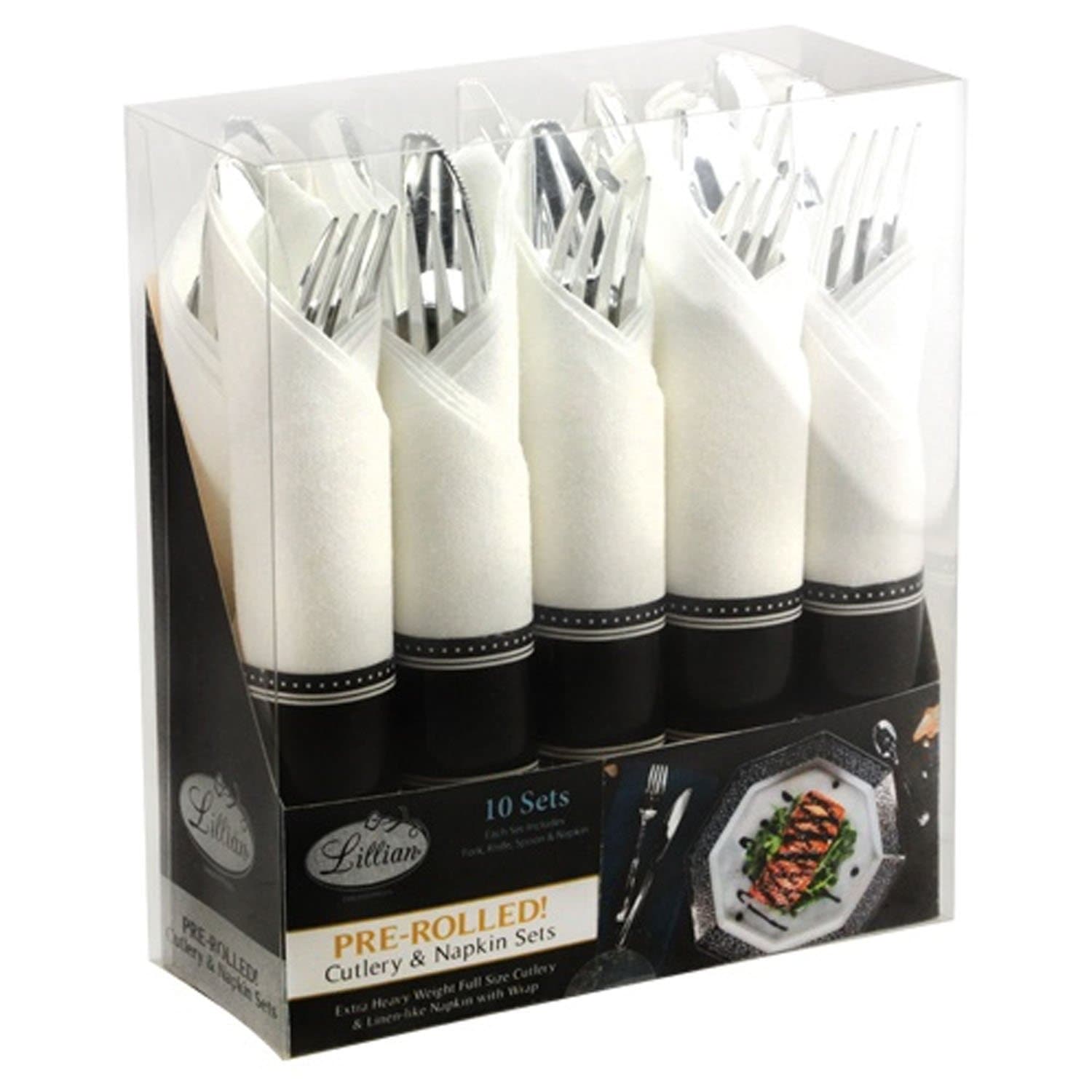 Pre-Rolled Silver Spoon, Knife, Forks and Napkin Plastic Cutlery Combo