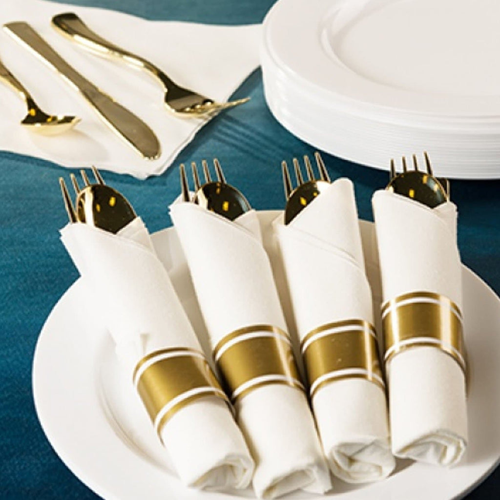 Pre-Rolled Gold Plastic Cutlery Combo Spoon, Knife, Forks and Napkin