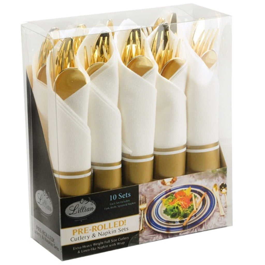 Pre-Rolled Gold Plastic Cutlery Combo Spoon, Knife, Forks and Napkin