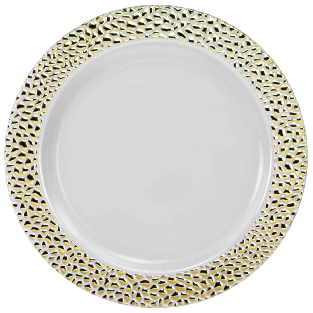 Pebbled 10.25" White with Gold Rim Plastic Dinner Plate