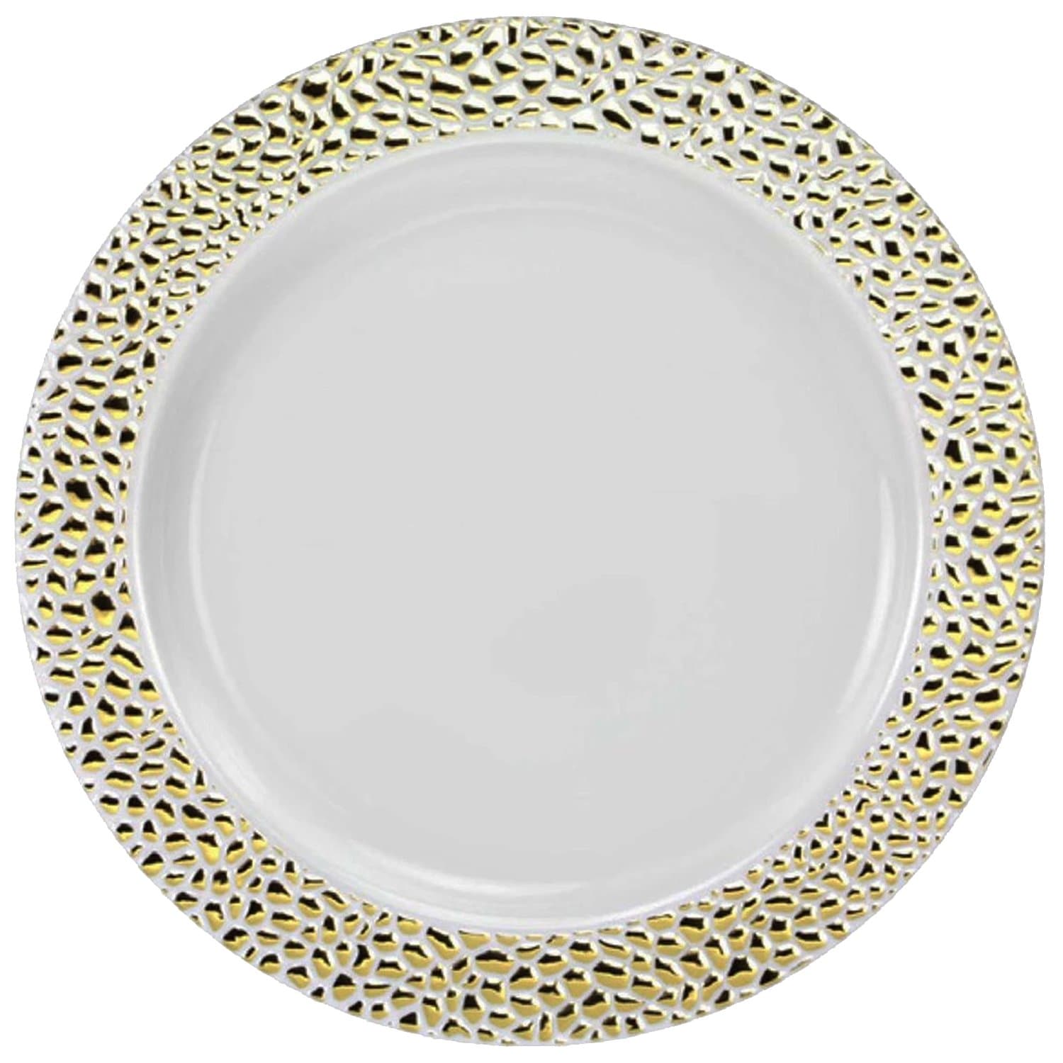 Pebbled 10.25" White with Gold Rim Plastic Dinner Plate