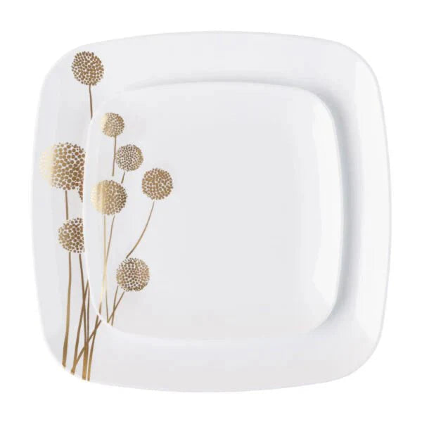 Dandelion 10" White & Gold Square Disposable Plastic Dinner Plate 10 Pack