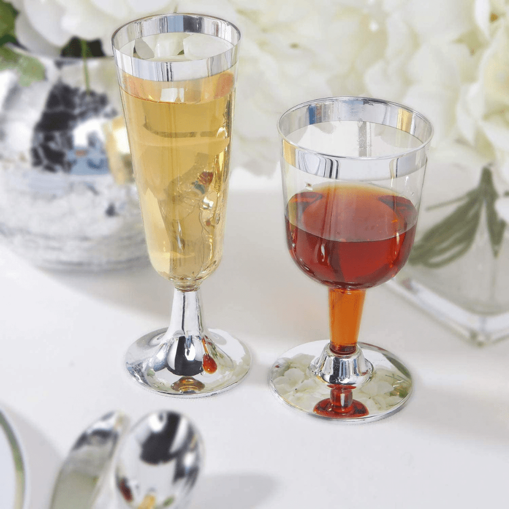 4.5oz Champagne Flutes With Silver Rim Plastic Disposable