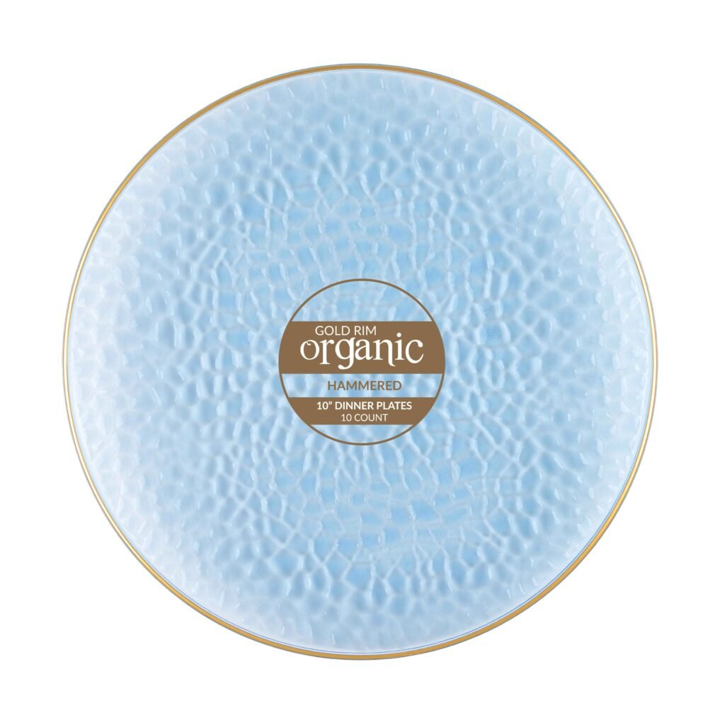Organic Hammered 10" Blue with Gold Rim Plastic Disposable Dinner Plate