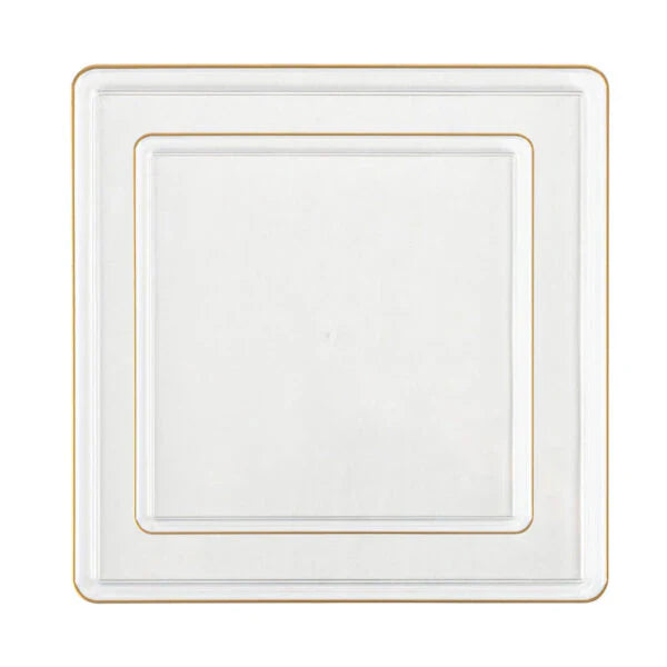 Edge 10.75" Clear with Gold Rim Square Plastic Dinner Plates