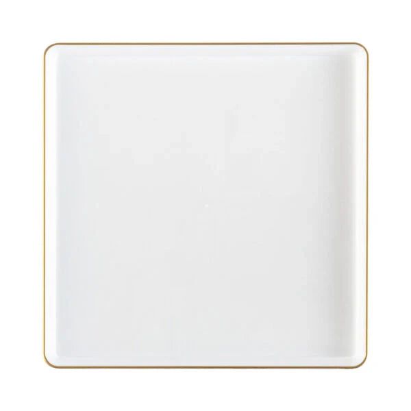 Edge 10.75" Transparent White with Gold Rim Square Plastic Dinner Plates