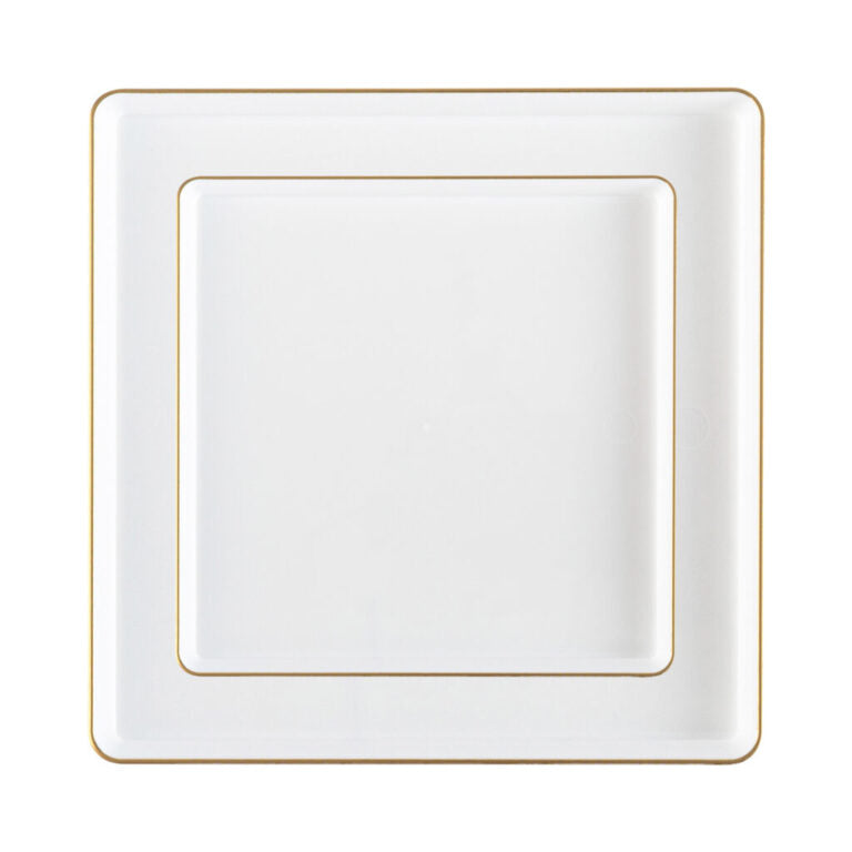 10.75"&7.75" Square White With Gold Rim Plastic Plates COMBO Set-Edge
