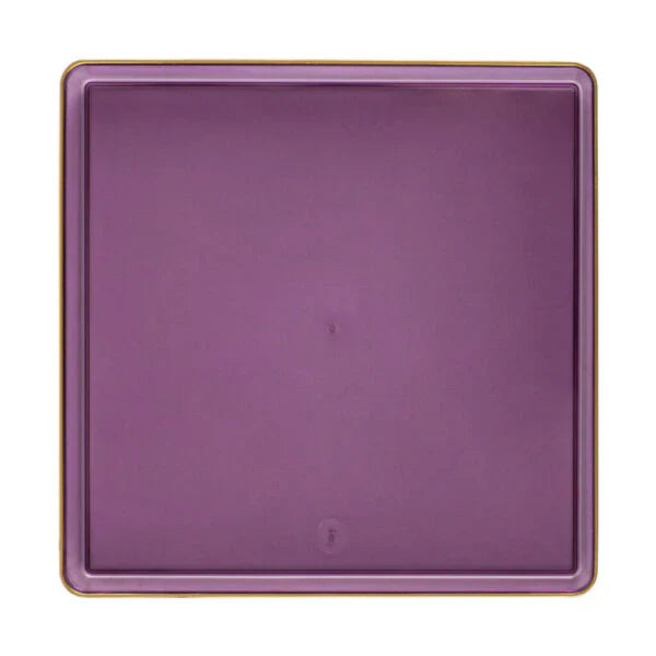 Edge 10.75" Transparent Purple with Gold Rim Square Plastic Dinner Plates