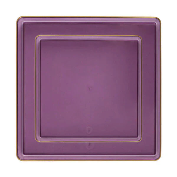 10.75"&7.75" Square Purple With Gold Rim Plastic Plates COMBO Set-Edge