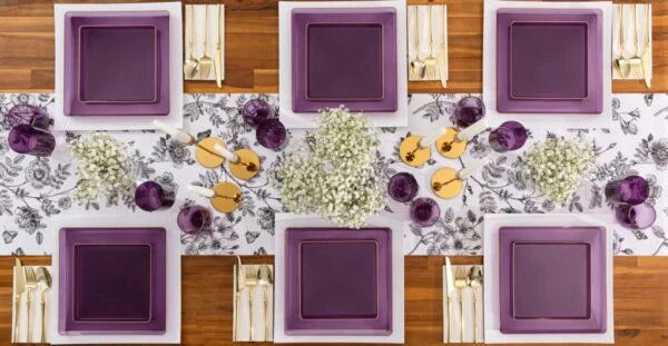 10.75"&7.75" Square Purple With Gold Rim Plastic Plates COMBO Set-Edge