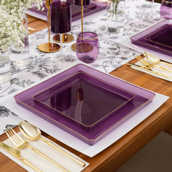 10.75"&7.75" Square Purple With Gold Rim Plastic Plates COMBO Set-Edge