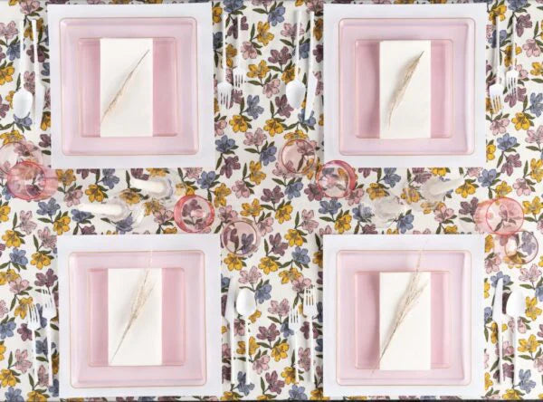 Edge 10.75" Transparent  Pink with Gold Rim Square Plastic Dinner Plates