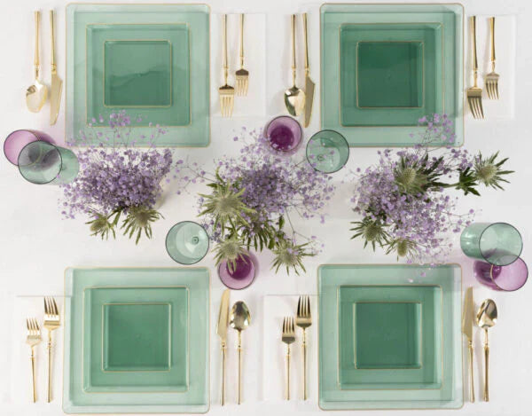 10.75"&7.75" Square Green With Gold Rim Plastic Plates COMBO Set-Edge
