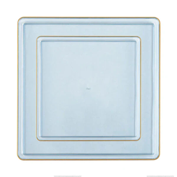 Edge 10.75" Transparent Blue with Gold Rim Square Plastic Dinner Plates