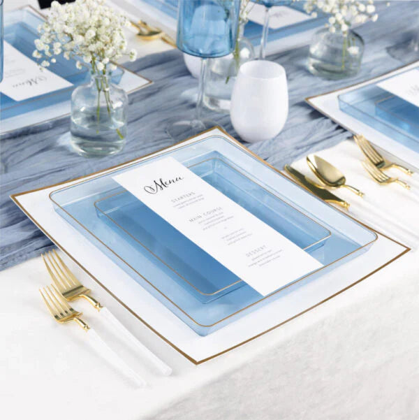 10.75"&7.75" Square Blue With Gold Rim Plastic Plates COMBO Set-Edge