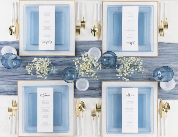 10.75"&7.75" Square Blue With Gold Rim Plastic Plates COMBO Set-Edge