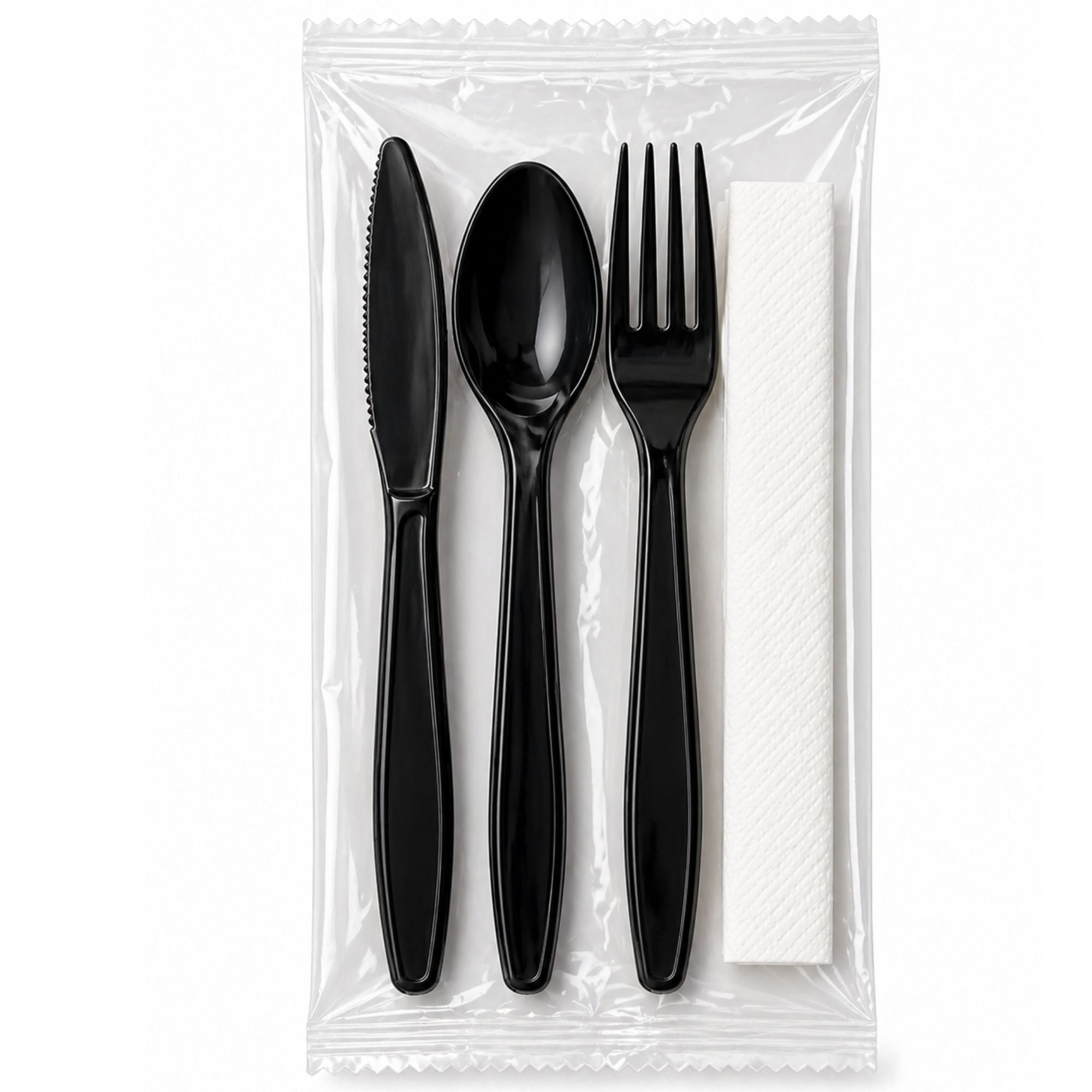 4 Piece Black Plastic Cutlery Set Heavy Weight Wrapped with Napkin Disposable