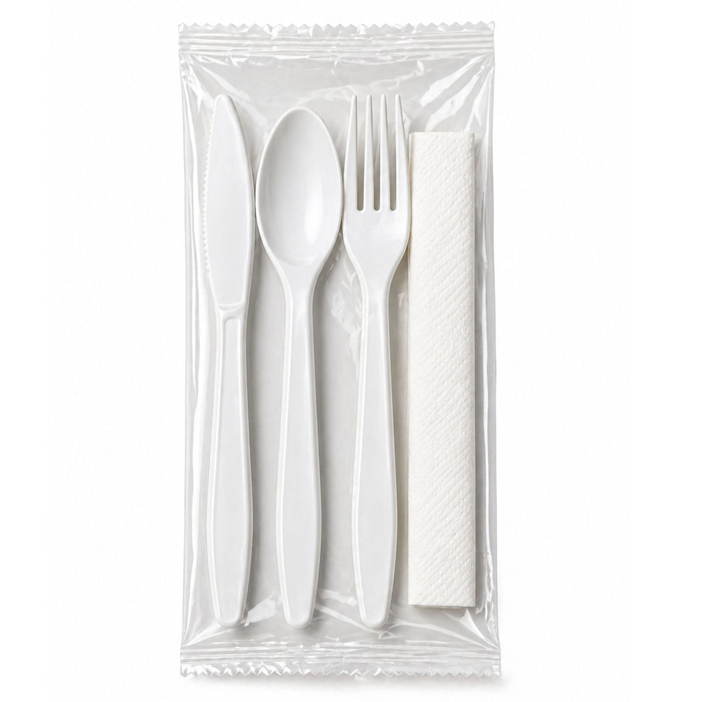 4 Piece Pack White Plastic Cutlery Medium Weight Wrapped with Napkin