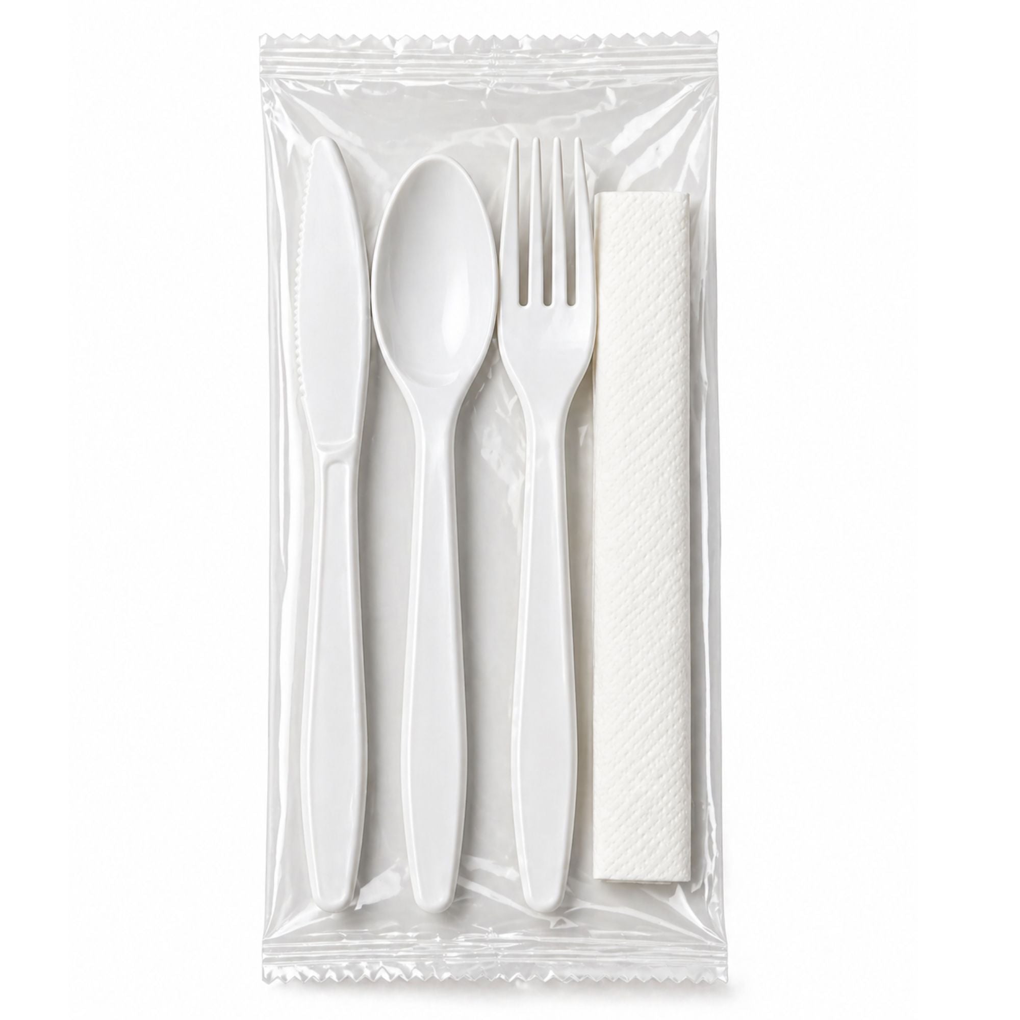 4 Piece Pack White Plastic Cutlery Medium Weight Wrapped with Napkin