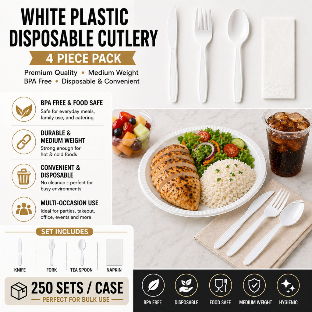 *WHOLESALE* 4 Piece Pack White Plastic Disposable Cutlery Medium Weight 250sets/Case