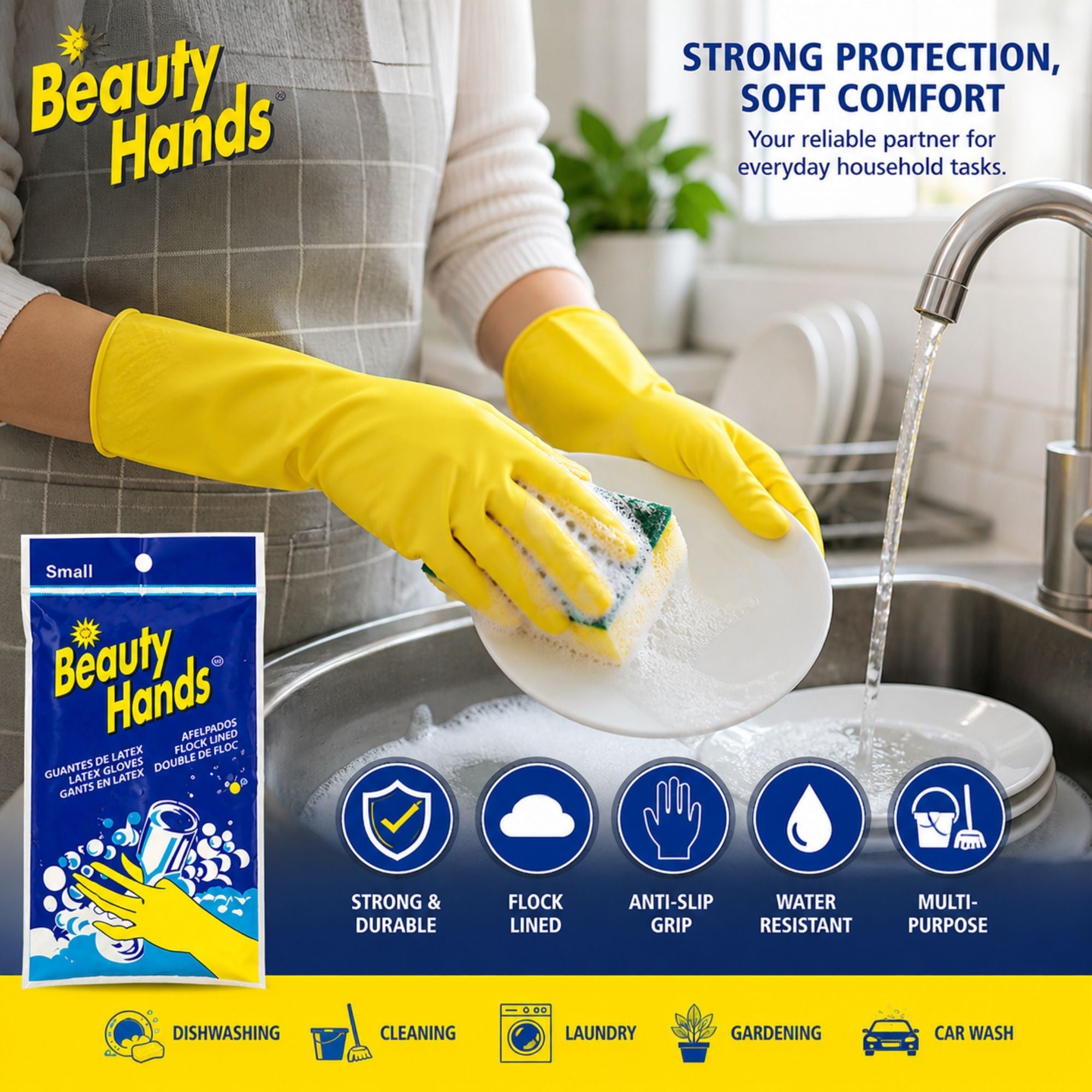 Latex Gloves Reusable Yellow Hand Cleaning Medium- 1 Pair