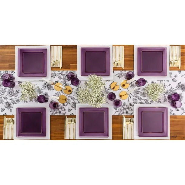 Edge 10.75" Transparent Purple with Gold Rim Square Plastic Dinner Plates