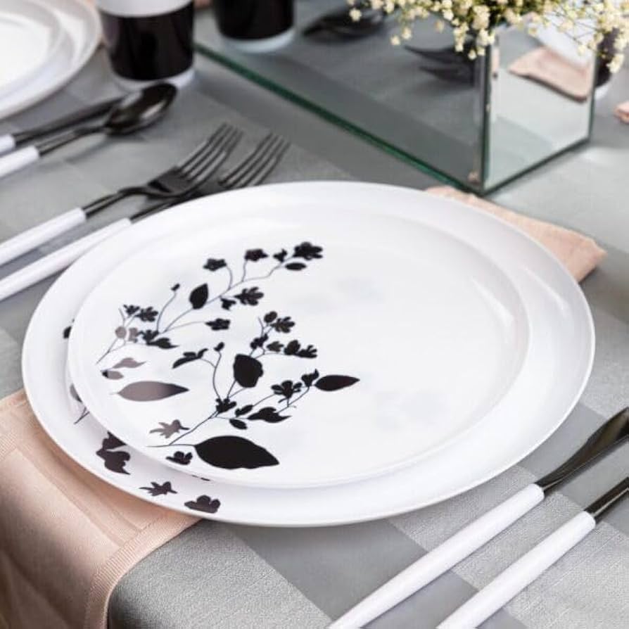 Garden 10" White & Black Plastic Disposable Dinner Plate 10 Pack