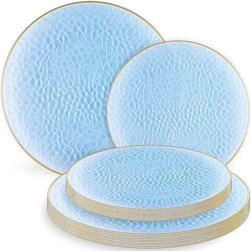 Organic Hammered 7" Blue with Gold Rim  Plastic Disposable Dessert Plate