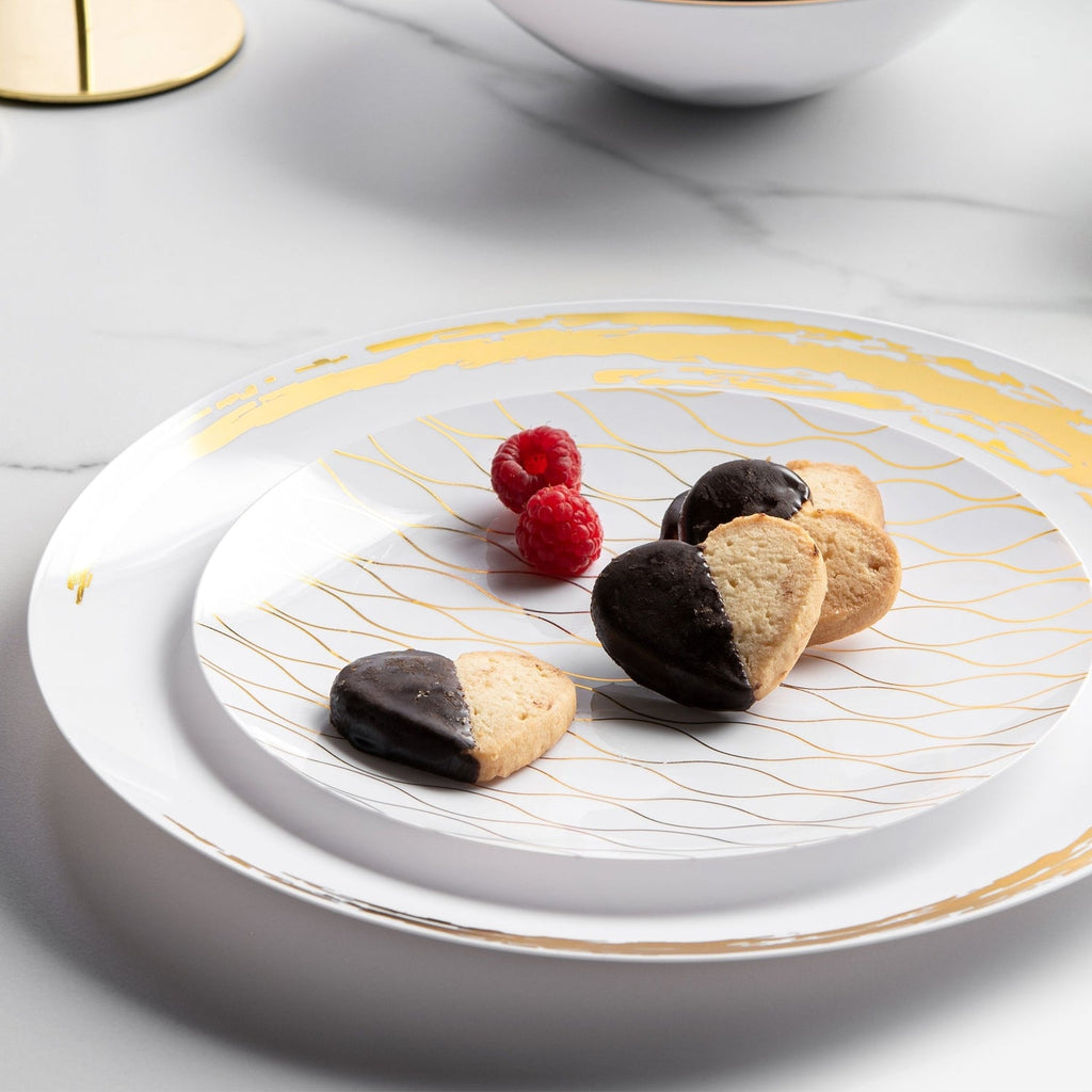 Whisk 7.5" White & Gold Disposable Plastic Appetizer/Dessert Plate 10 Pack