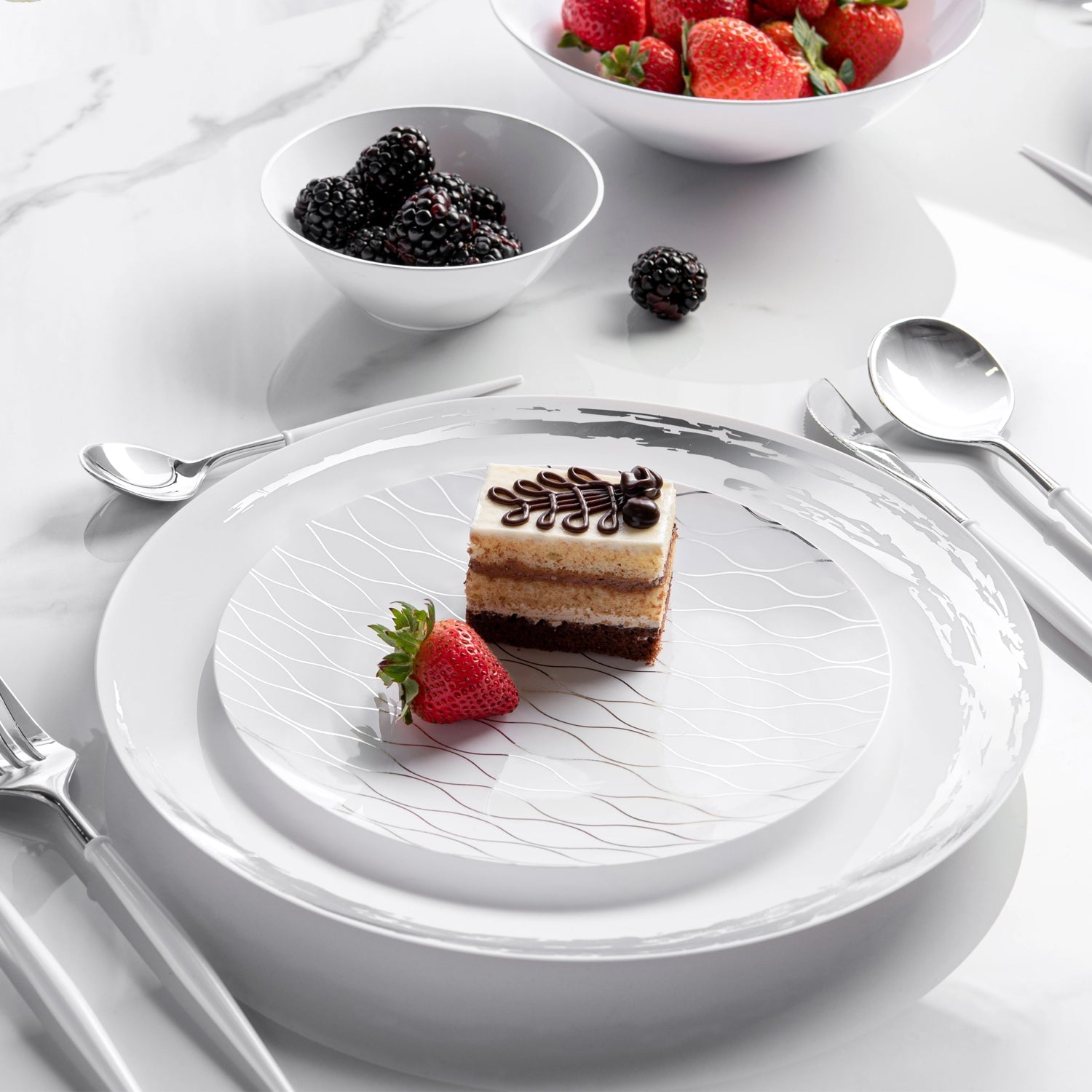 Whisk 10.25" White & Silver Disposable Plastic Dinner Plate 10 Pack