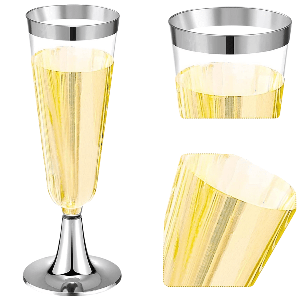 4.5oz Champagne Flutes With Silver Rim Plastic Disposable