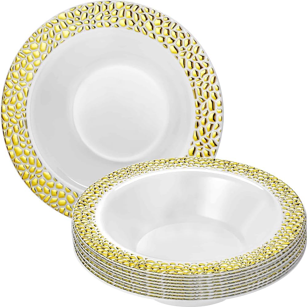 Pebbled 14oz Gold Rim Soup Bowls plastic