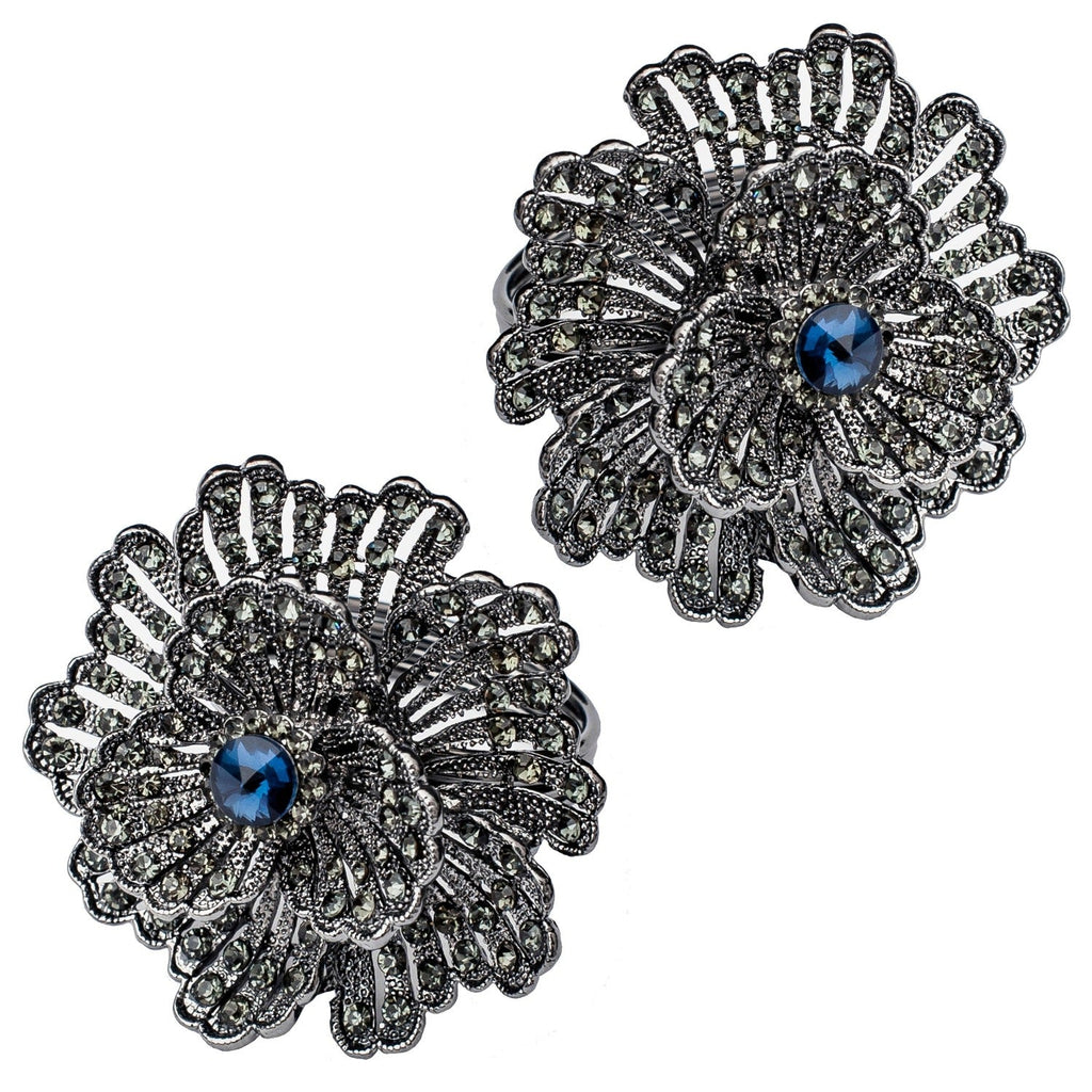 SALE Buttercup Silver Plated with Blue Crystal Napkin Rings 4 piece Set
