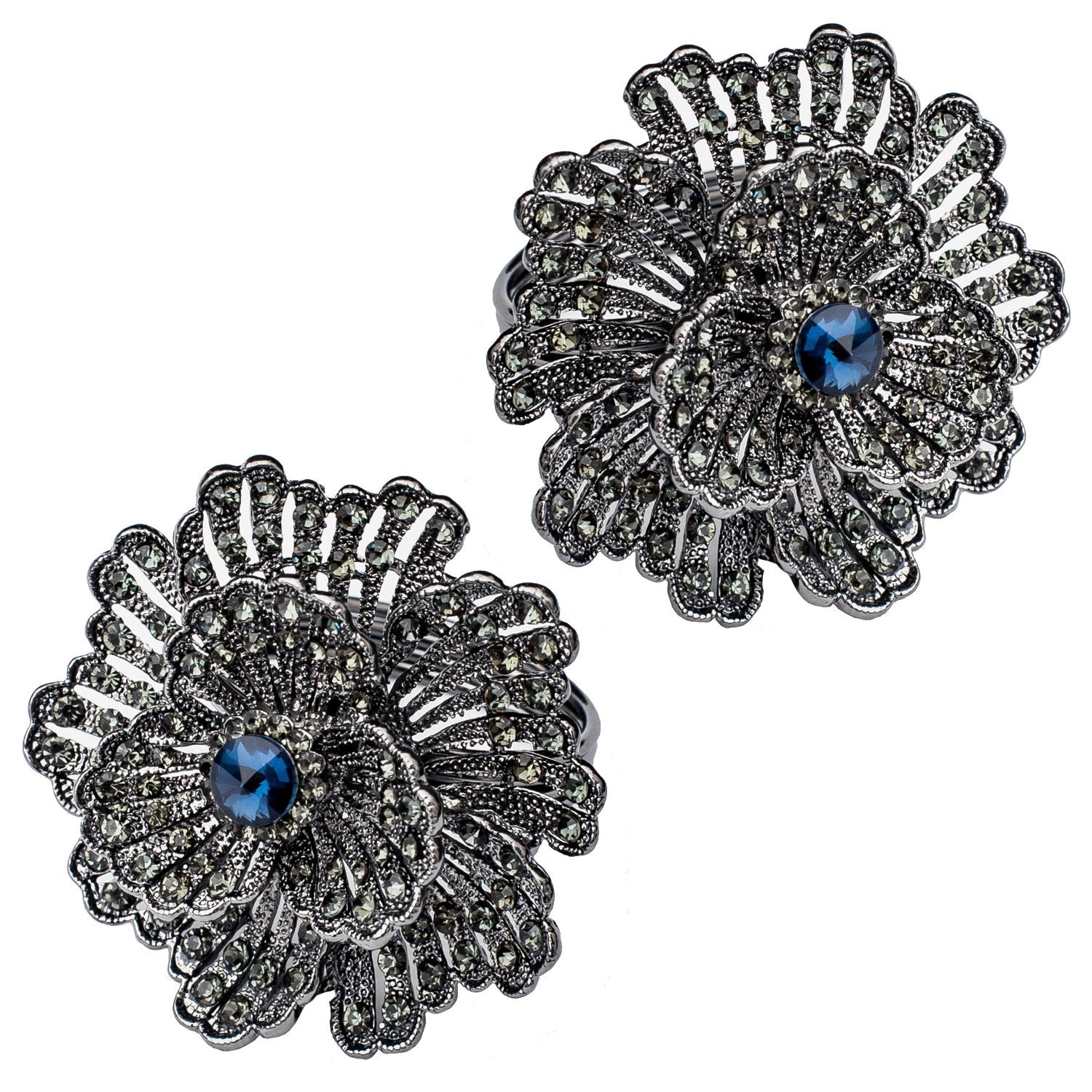 SALE Buttercup Silver Plated with Blue Crystal Napkin Rings 4 piece Set