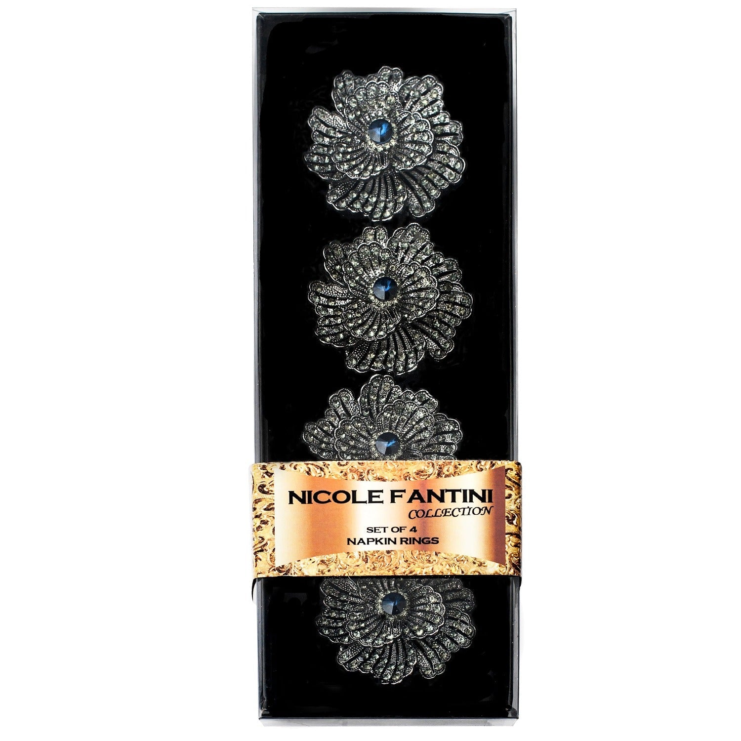 SALE Buttercup Silver Plated with Blue Crystal Napkin Rings 4 piece Set
