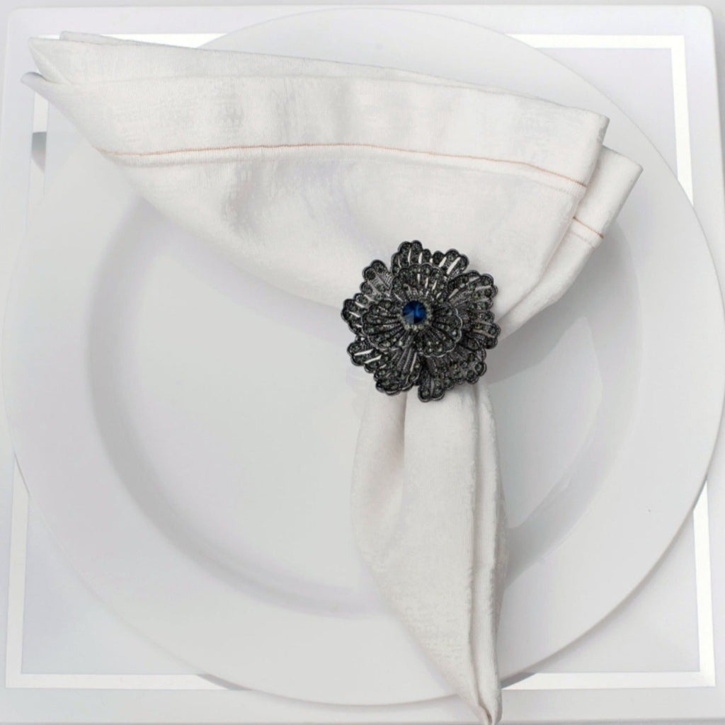 SALE Buttercup Silver Plated with Blue Crystal Napkin Rings 4 piece Set