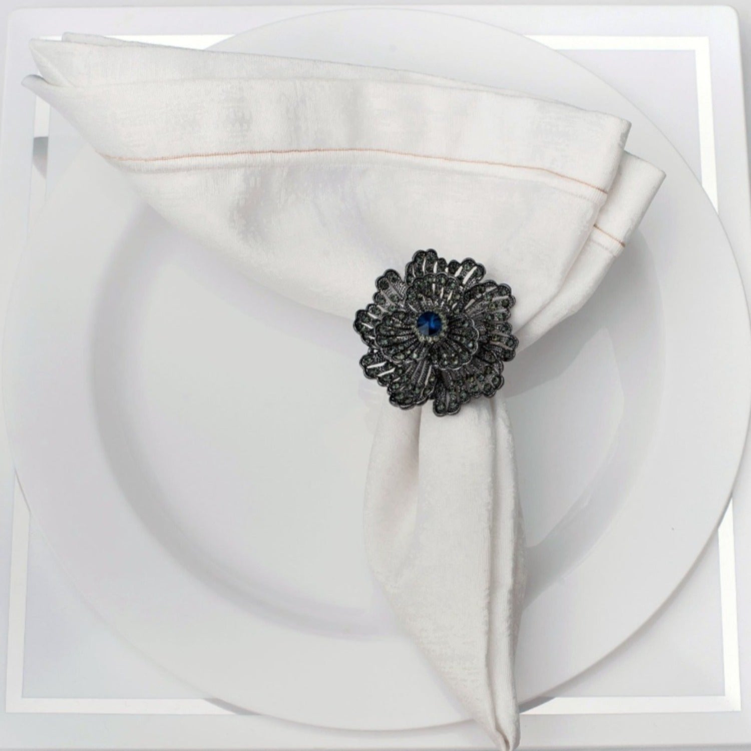 SALE Buttercup Silver Plated with Blue Crystal Napkin Rings 4 piece Set
