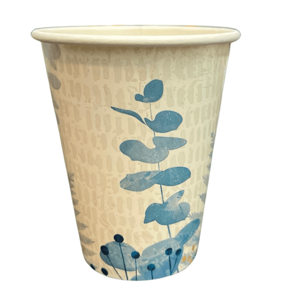 12oz Floral Bliss Paper Cups with elegant Floral Bliss Teal design