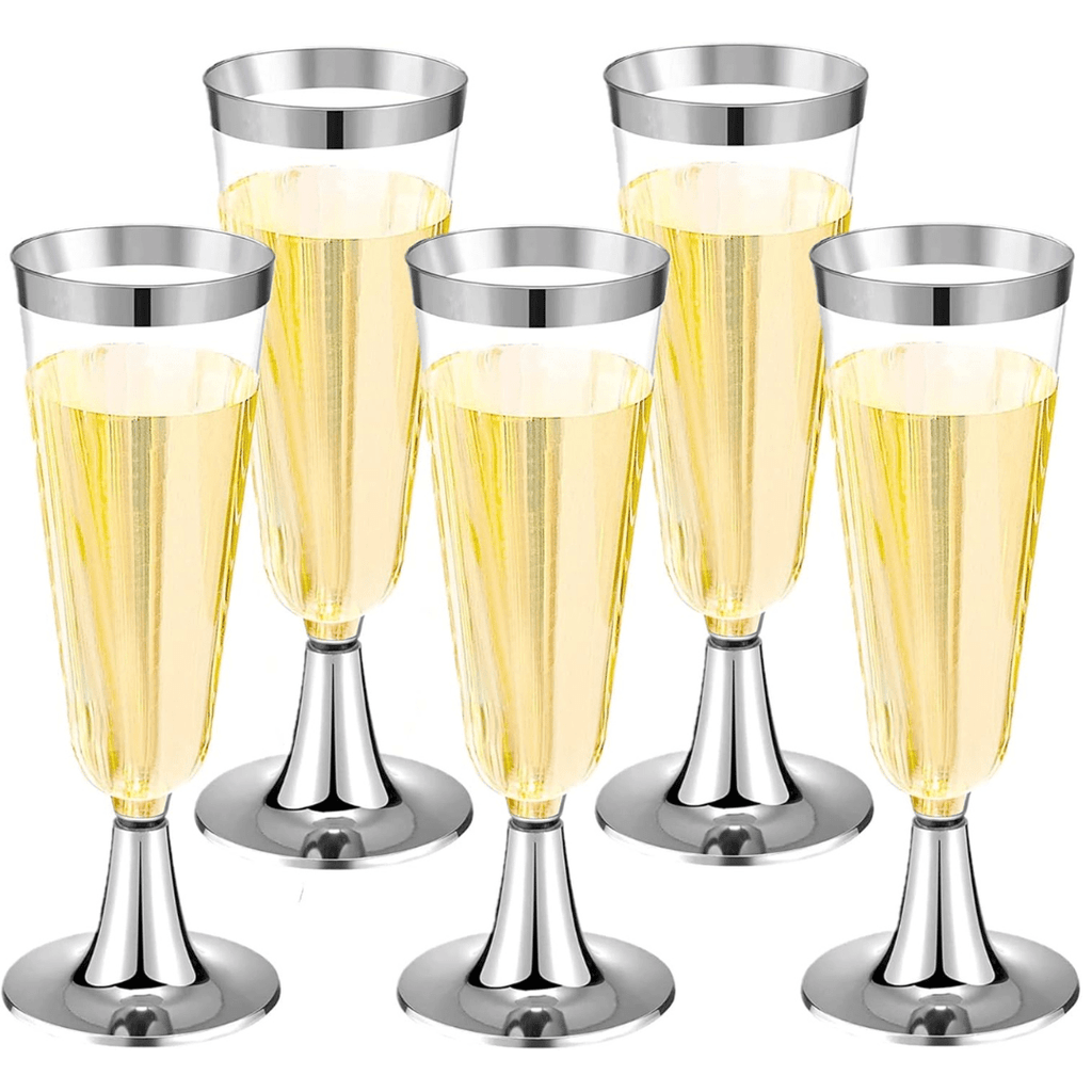 4.5oz Champagne Flutes With Silver Rim Plastic Disposable
