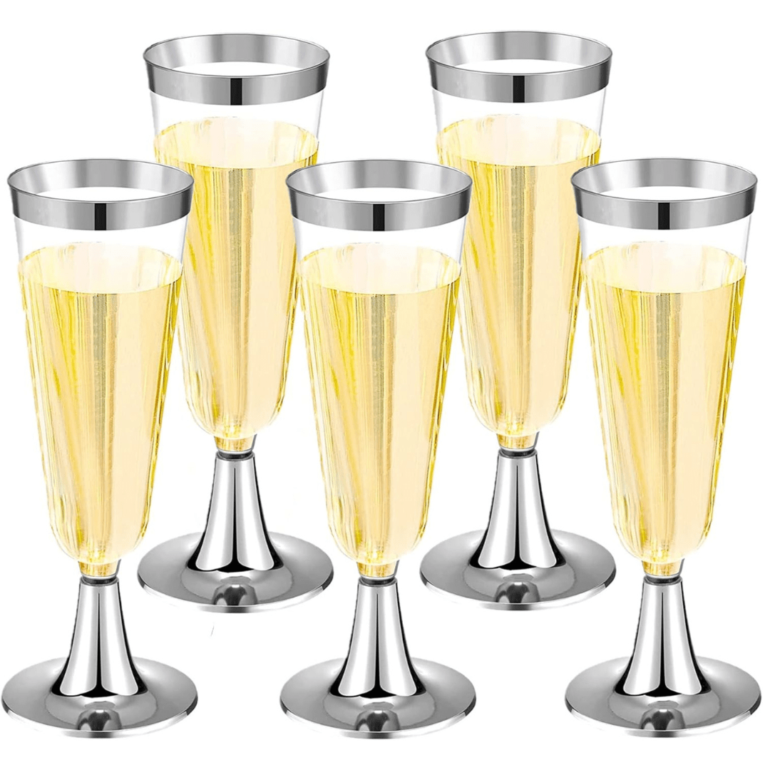 4.5oz Champagne Flutes With Silver Rim Plastic Disposable