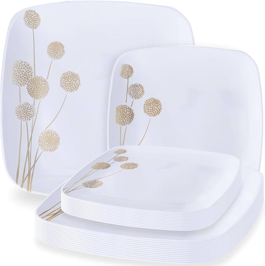 Dandelion 10" White & Gold Square Disposable Plastic Dinner Plate 10 Pack