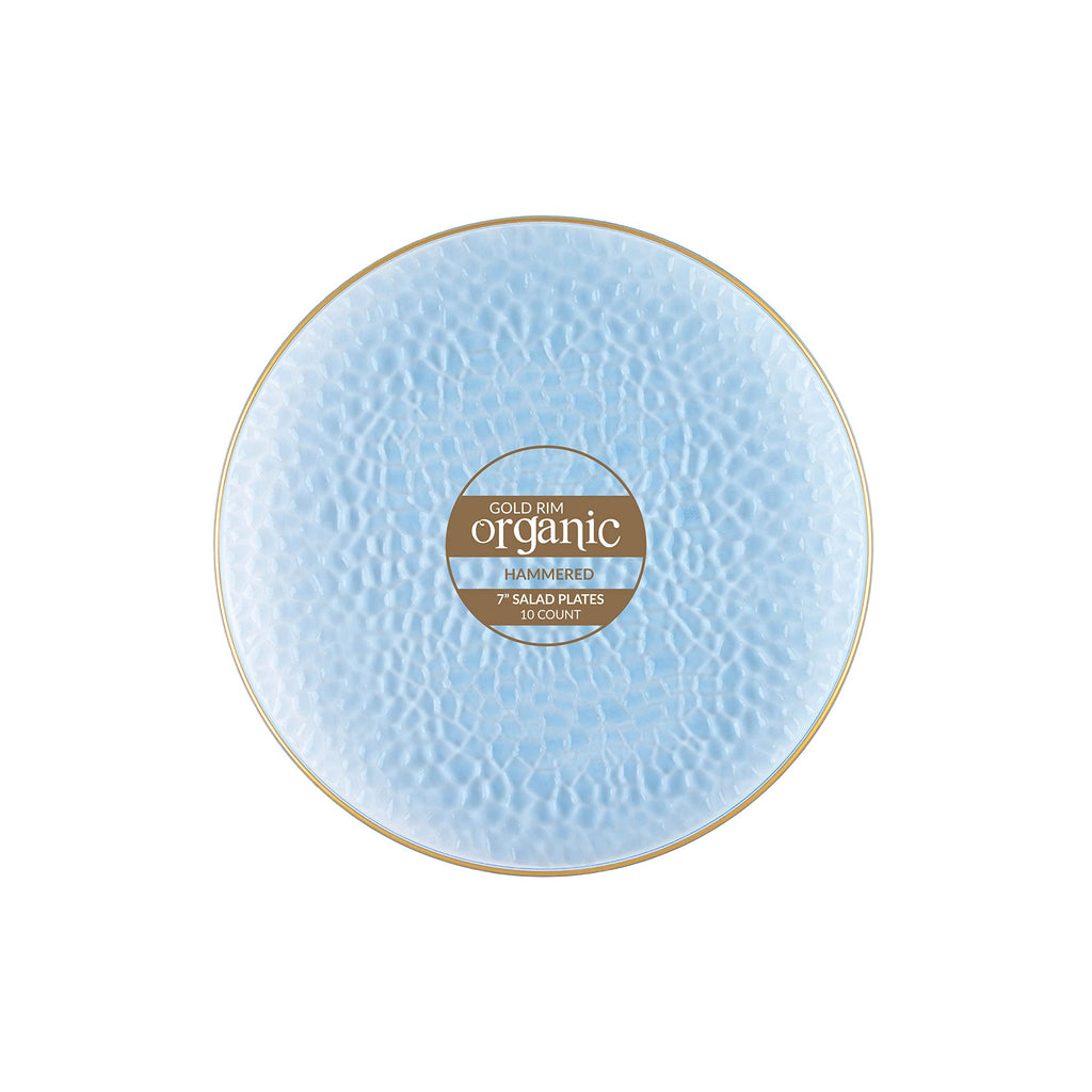 Organic Hammered 7" Blue with Gold Rim  Plastic Disposable Dessert Plate