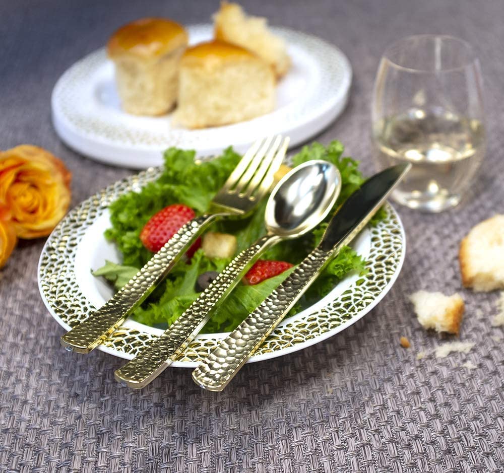 Lilian Cutlery Hammered Heavyweight Gold Plastic 96 Peice Combo Pack