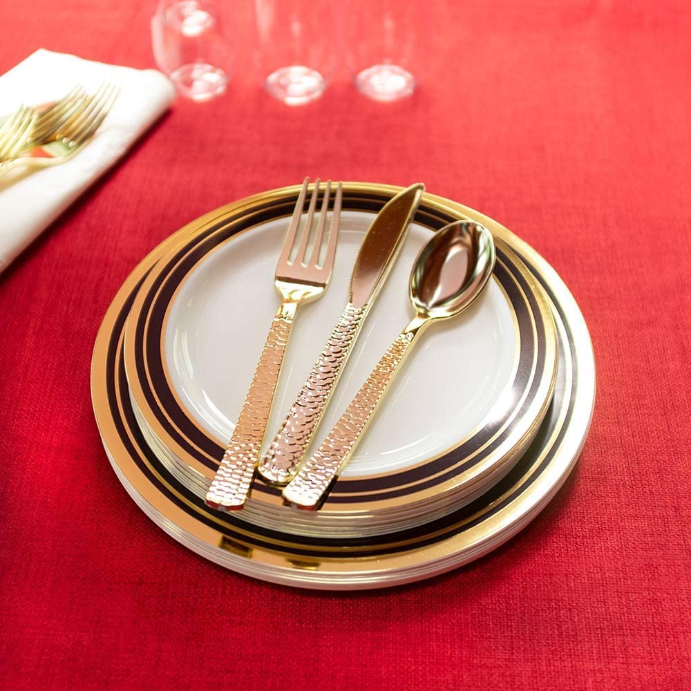 Lilian Cutlery Hammered Heavyweight Gold Plastic 96 Peice Combo Pack