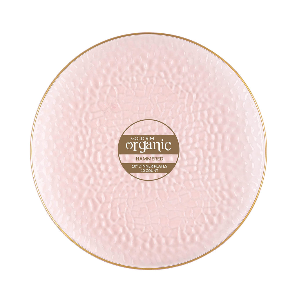 Organic Hammered 10" Pink with Gold Rim Disposable Plastic Dinner Plate