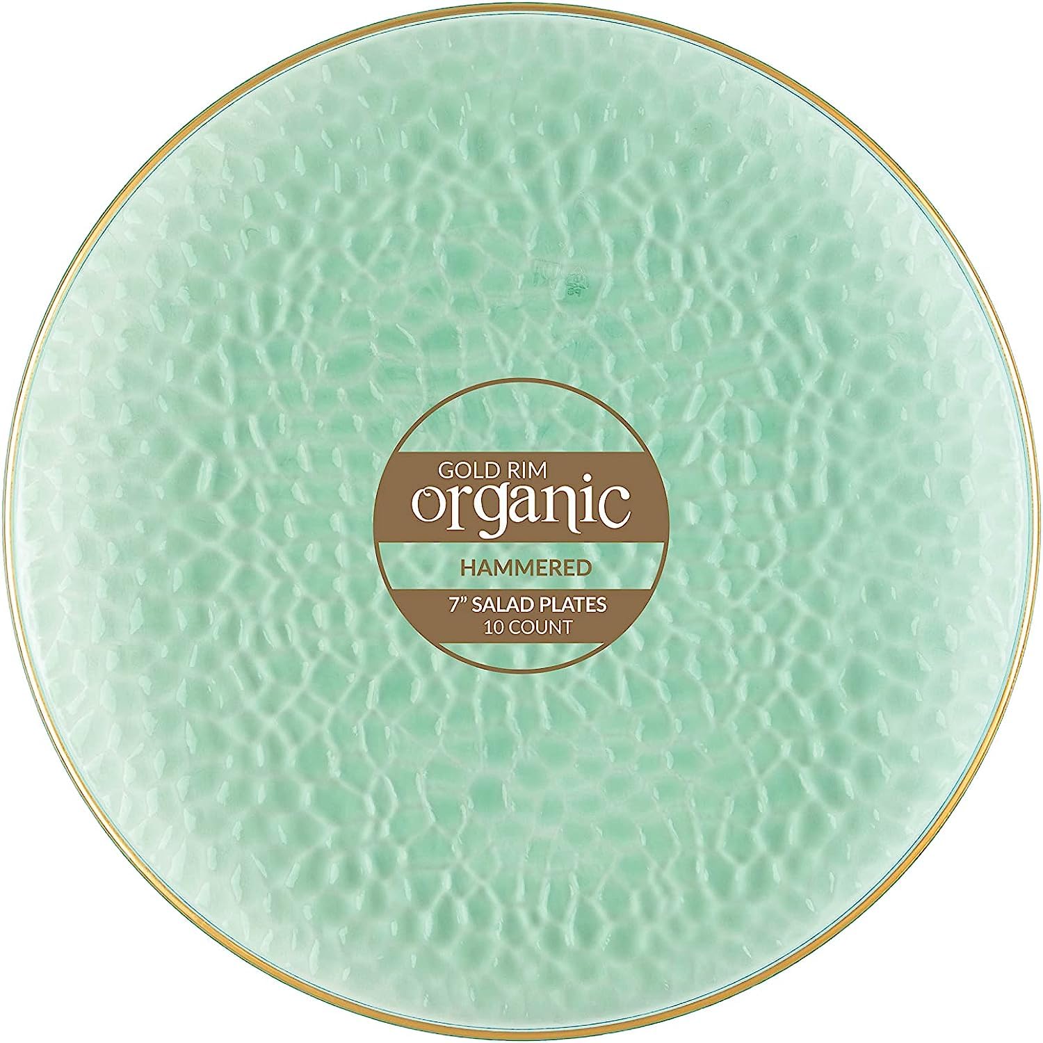 Organic Hammered 7" Green with Gold Rim  Plastic Disposable Dessert Plate