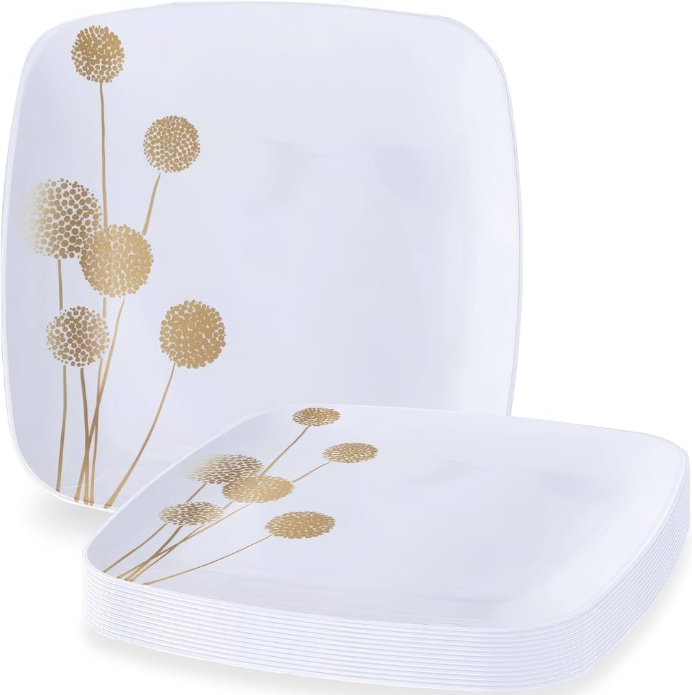 Dandelion 10" White & Gold Square Disposable Plastic Dinner Plate 10 Pack