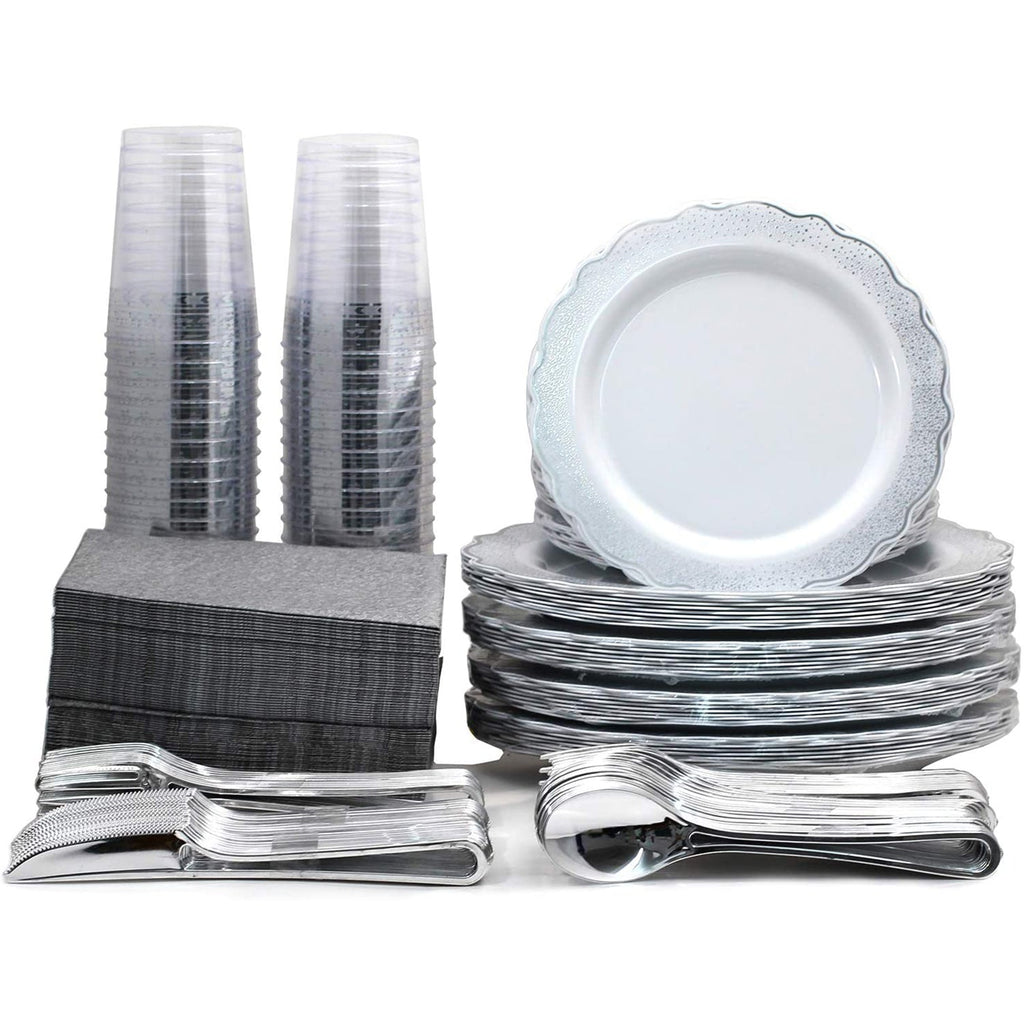 Confetti 9.5" Plastic Plate White Silver 10 Pack