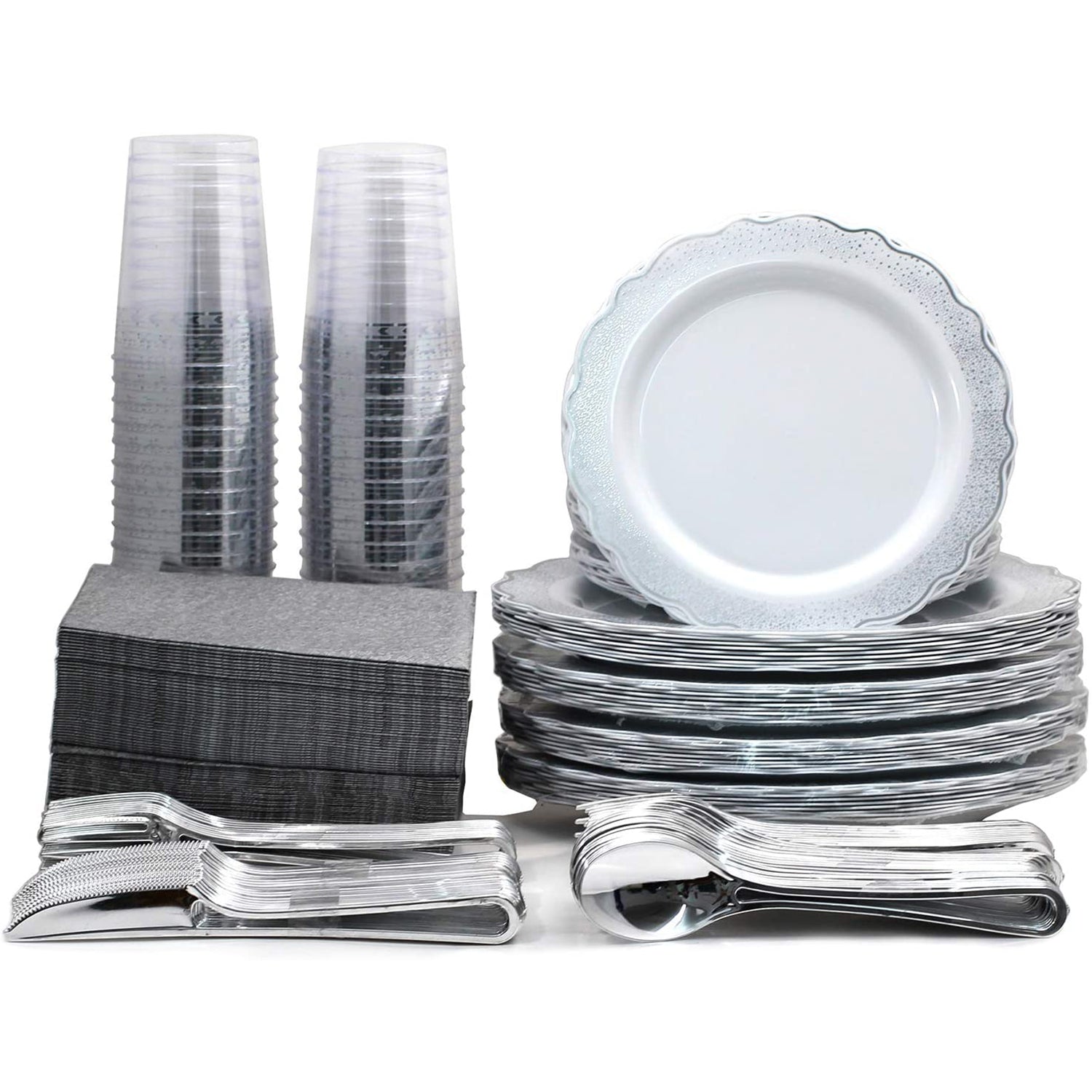 Confetti 9.5" Plastic Plate White Silver 10 Pack
