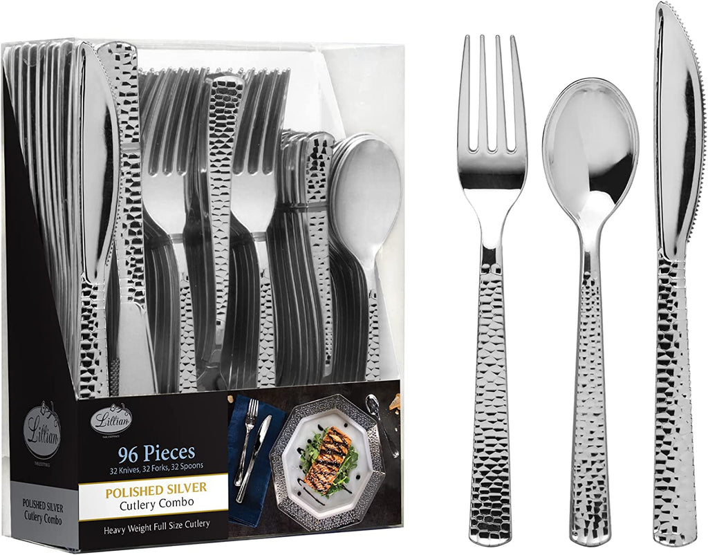 Lilian Cutlery Hammered Heavyweight Silver Plastic 96 piece Combo Pack